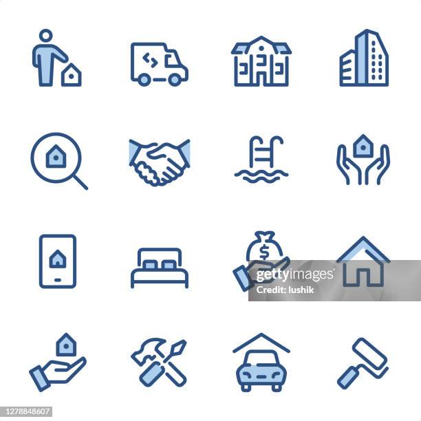 real estate agent - pixel perfect blue line icons - expensive kitchen stock illustrations