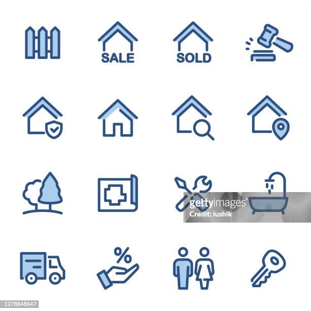 immobilien - pixel perfect blaue linie symbole - property auction stock-grafiken, -clipart, -cartoons und -symbole