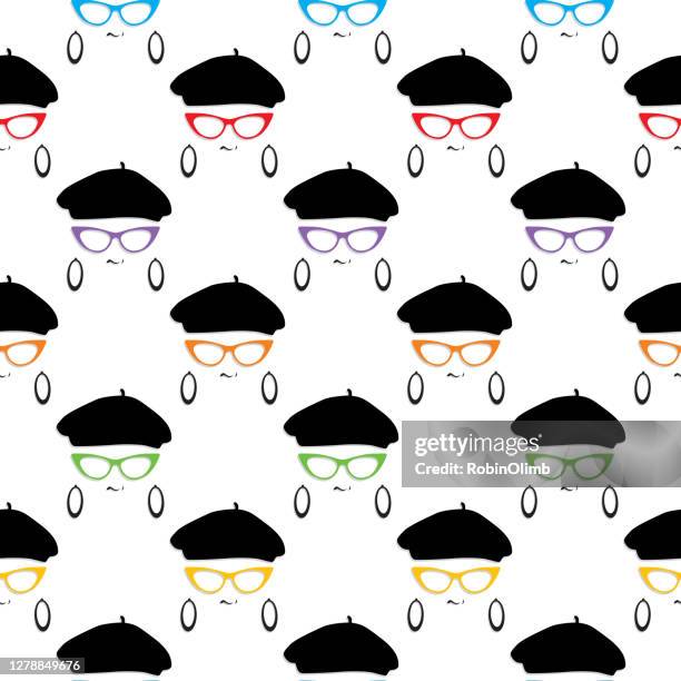 hipster mädchen gesichter nahtlose muster - hornbrille stock-grafiken, -clipart, -cartoons und -symbole