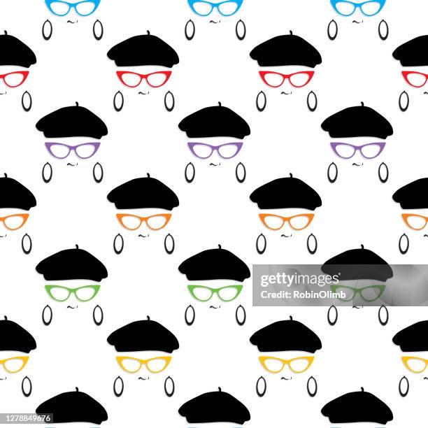 hipster girl faces seamless pattern - cats eye glasses stock illustrations