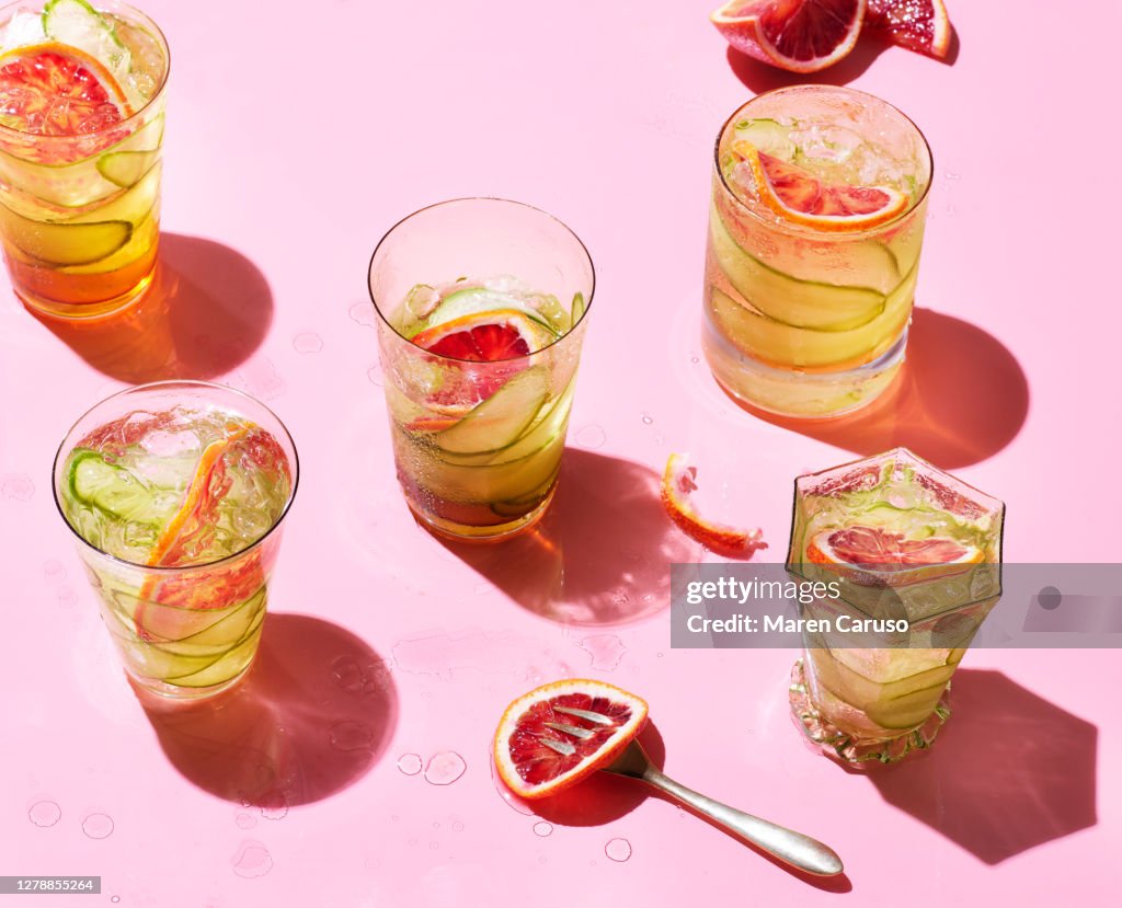 Cocktails on pink background
