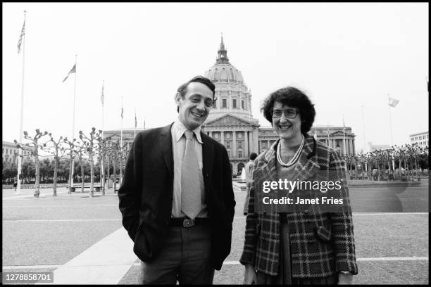 Portrait of recently elected members of the San Francisco Board of Supervisors, American politicians Harvey Milk and Carol Ruth Silver, as they pose...