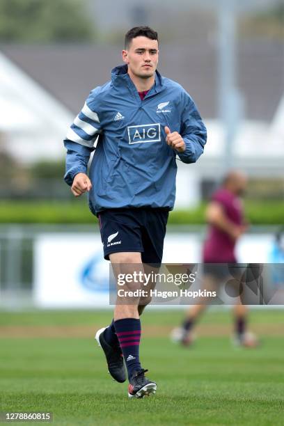 Will Jordan warms up during a New Zealand All Blacks training session at Hutt Recreation Ground on October 07, 2020 in Wellington, New Zealand.