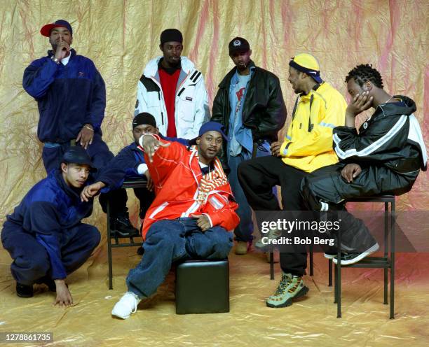God, Method Man, Raekwon, GZA, Ghostface Killah, Masta Killa, RZA, Ol' Dirty Bastard of the American rap group Wu-Tang Clan pose for a portrait circa...