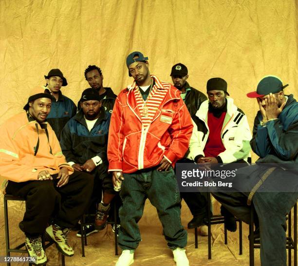 God, Raekwon, Ghostface Killah, Ol' Dirty Bastard, Masta Killa, GZA and Method Man of the American rap group Wu-Tang Clan pose for a portrait circa...