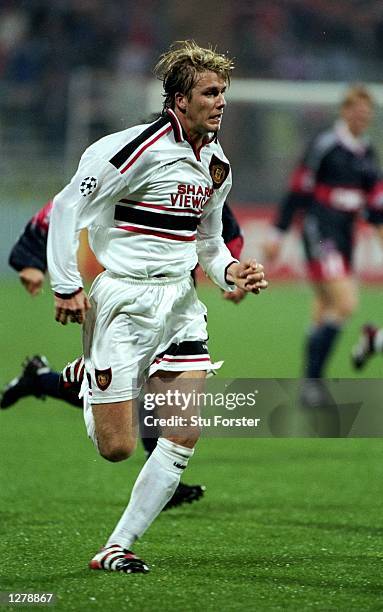 David Beckham of Manchester United in action during the Champions League match against Bayern Munich at the Olympic Stadium in Munich, Germany. The...