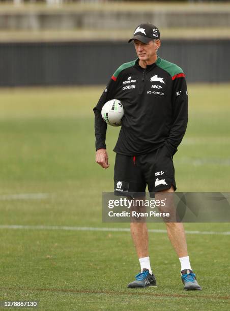Wayne Bennett, head coach of the Rabbitohs, looks on during a South Sydney Rabbitohs NRL training session at Redfern Oval on October 07, 2020 in...