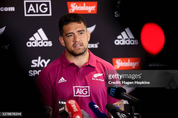Codie Taylor speaks to media during a New Zealand All Blacks press conference at Intercontinental Hotel on October 07, 2020 in Wellington, New...