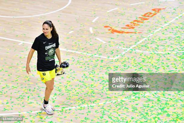 Sue Bird of the Seattle Storm walks across the court after winning the WNBA Championship following Game 3 of the WNBA Finals against the Las Vegas...