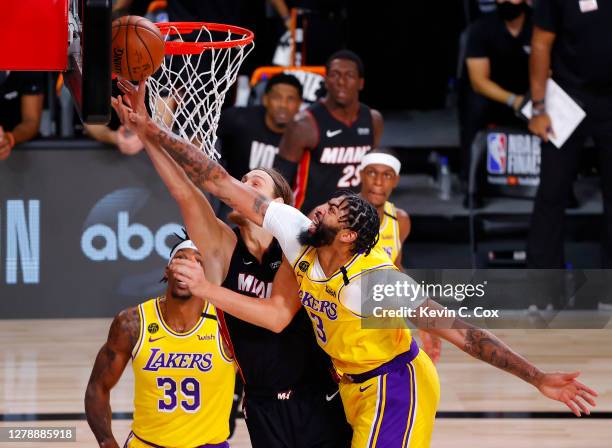 Anthony Davis of the Los Angeles Lakers blocks Kelly Olynyk of the Miami Heat during the second quarter in Game Four of the 2020 NBA Finals at...