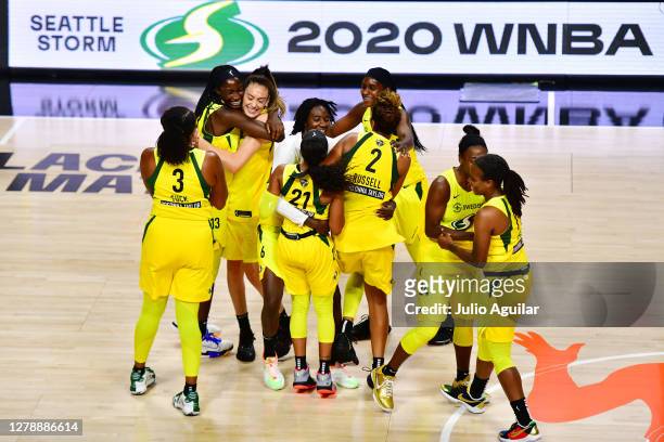 The Seattle Storm celebrates their victory in Game 3 of the WNBA Finals against the Las Vegas Aces at Feld Entertainment Center on October 06, 2020...