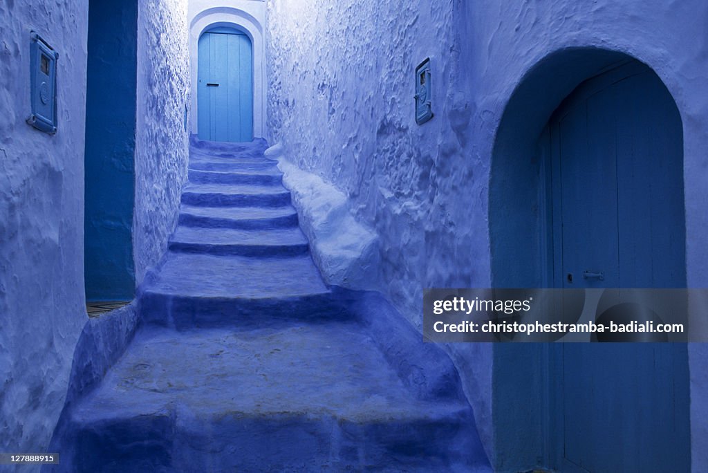 Traditional blue painted doors and walls, Chaouen