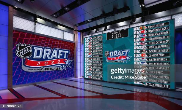 General view of the draft board following the first round of the 2020 National Hockey League Draft at the NHL Network Studio on October 06, 2020 in...