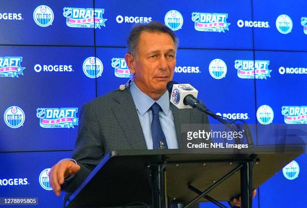 President of Hockey Operations and General Manager Ken Holland of the Edmonton Oilers speaks at the podium during the first round of the 2020 NHL...