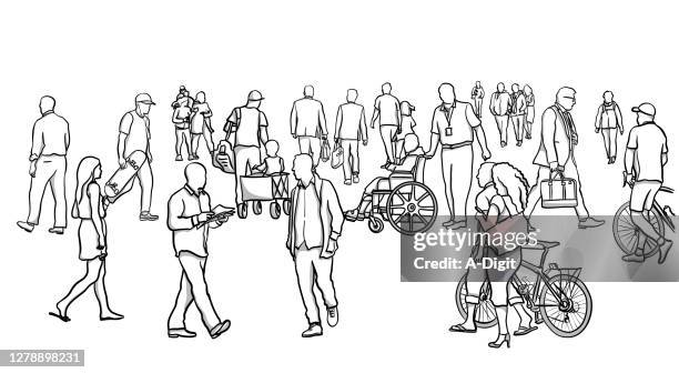 very large crowd sketching - sidewalk stock illustrations