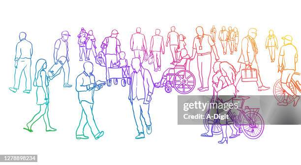 very large crowd sketching rainbow - multiple perspectives stock illustrations