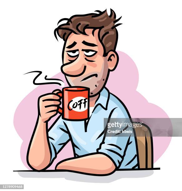 tired young man drinking coffee - bad hair day stock illustrations