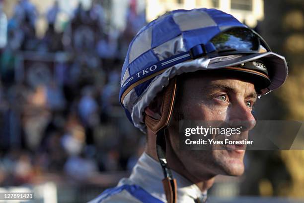 Jockey Olivier Peslier attends the 90th edition of the Qatar Arc de Triomphe prize at the Longchamp racecourse on October 2, 2011 in Paris, France.