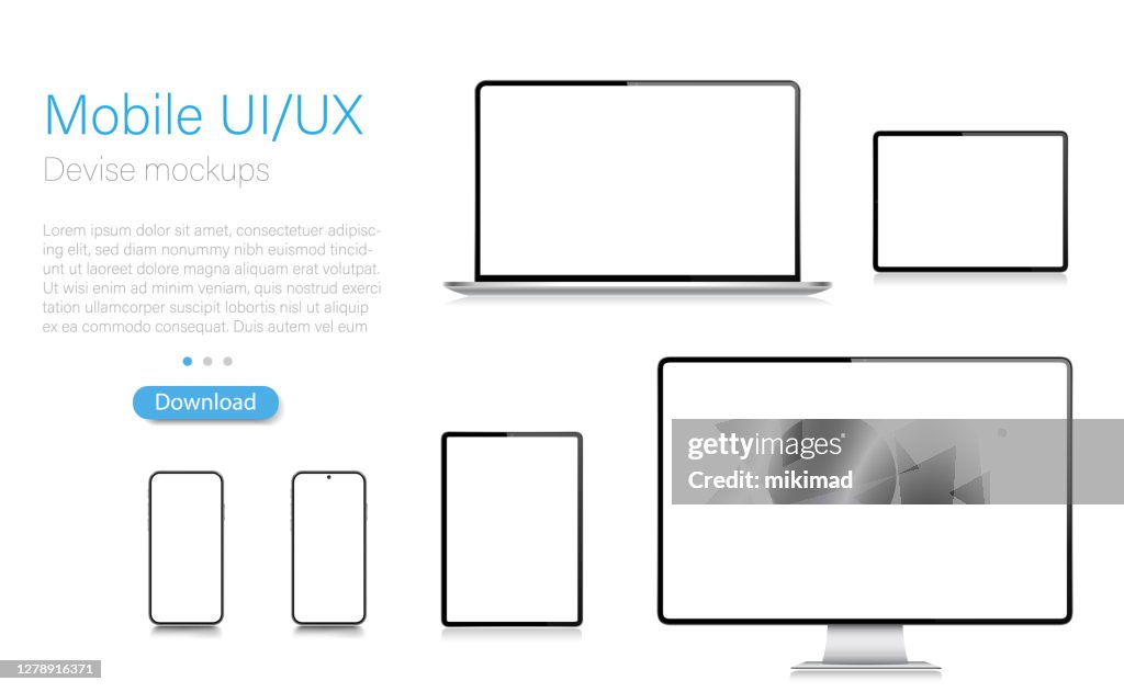 Realista Vector Mockup Tableta Digital, Teléfono Móvil, Teléfono Inteligente, Portátil y Monitor de Computadora. Dispositivos digitales modernos. EPS 10.