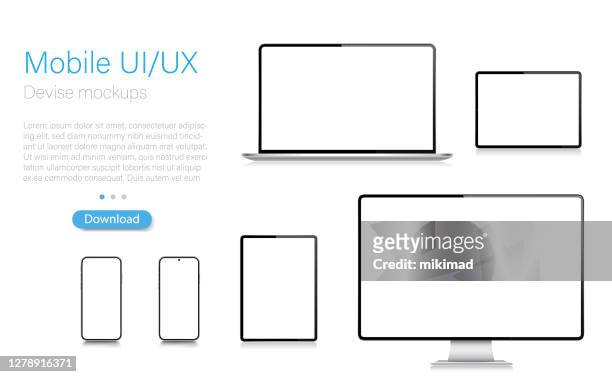 realistic vector mockup digital tablet, mobile phone, smart phone, laptop and computer monitor. modern digital devices. eps 10. - template stock illustrations