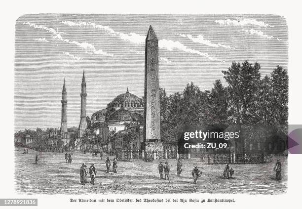 at meydanı with obelisk, istanbul, turkey, wood engraving, published 1893 - obelisk stock illustrations