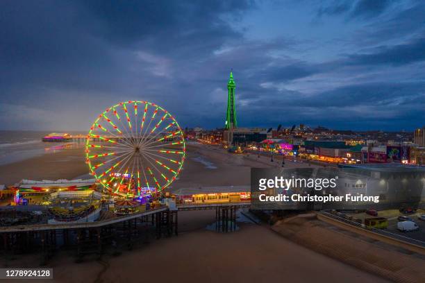 Drone view of Blackpool Tower and Central Pier on October 06, 2020 in Blackpool, England. This year to help boost the tourism trade, which has been...