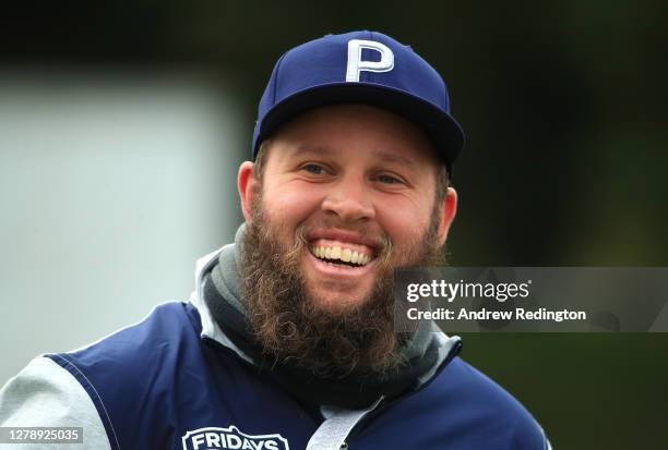 Andrew Johnston of England laughs while on the practice rang ahead of the BMW PGA Championship at Wentworth Golf Club on October 07, 2020 in Virginia...