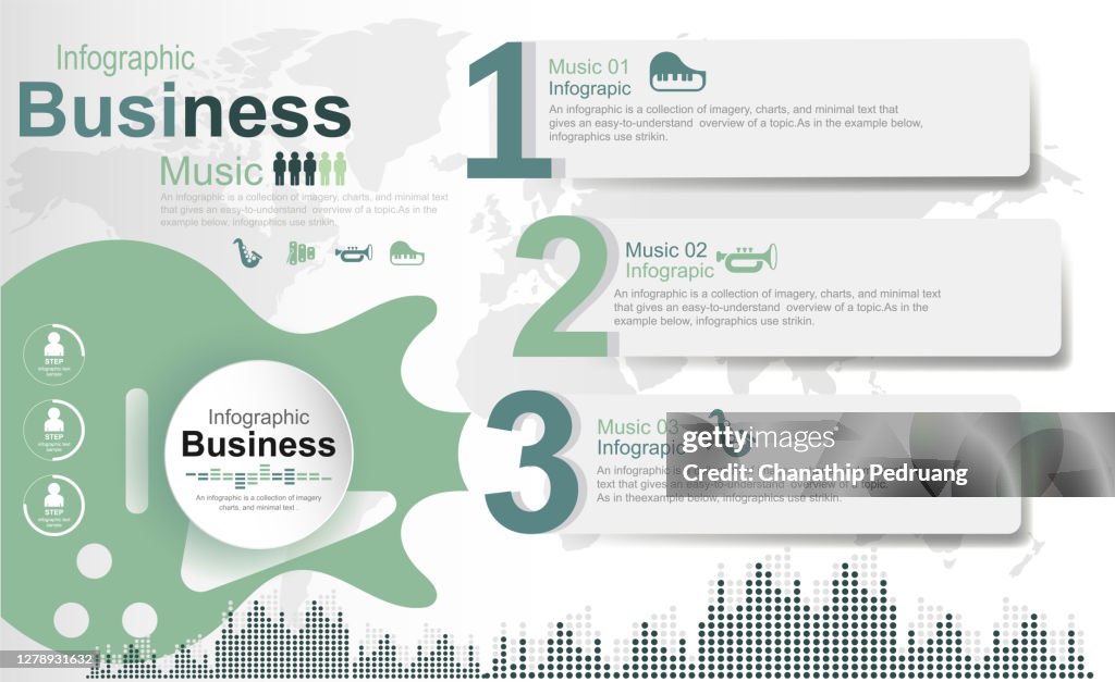 Music infographic and icon set of instruments and data, graphs, text