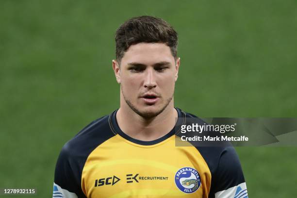 Mitchell Moses of the Eels looks on during a Parramatta Eels training session at Kellyville Park on October 07, 2020 in Sydney, Australia.