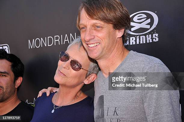 Skateboarding pioneer Tony Hawk and actress Jamie Lee Curtis arrive at Tony Hawk's 8th Annual Stand Up For Skateparks Benefit, held at at Ron...