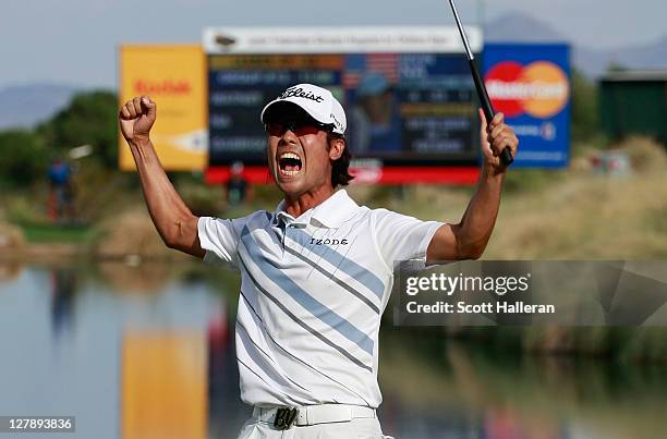 Kevin Na celebrates his two-stroke victory on the 18th green during the final round of the Justin Timberlake Shriners Hospitals for Children Open at...
