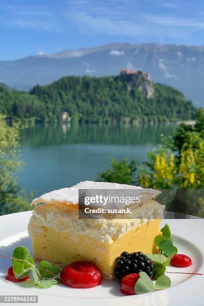 close up of hand holding a plate with a slice of vanilla cream custard at lake bled. - egg tart stockfoto's en -beelden