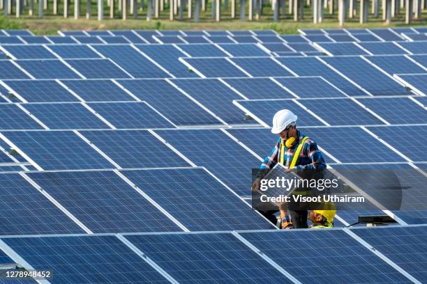 team electrician installing solar panels working on alternative energy sources clean. - solar farm stockfoto's en -beelden