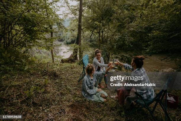 jonge vrouwen die door kampvuur en het nippen van wijn zitten - haardvuur stockfoto's en -beelden