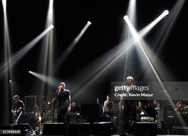 Sting and Joe Sumner perform on stage during STING: 25th Anniversary/60th Birthday Concert to Benefit Robin Hood Foundation at Beacon Theatre on...