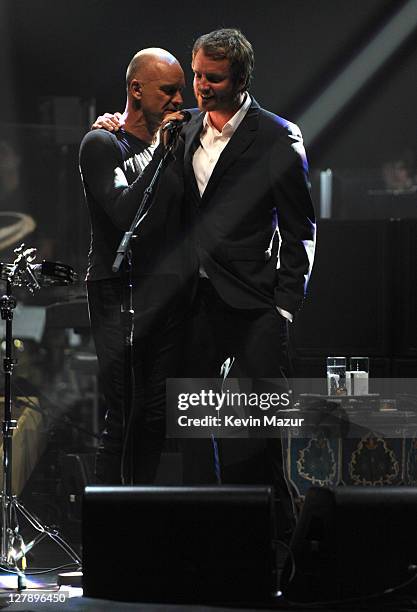 Sting and Joe Sumner perform on stage during STING: 25th Anniversary/60th Birthday Concert to Benefit Robin Hood Foundation at Beacon Theatre on...