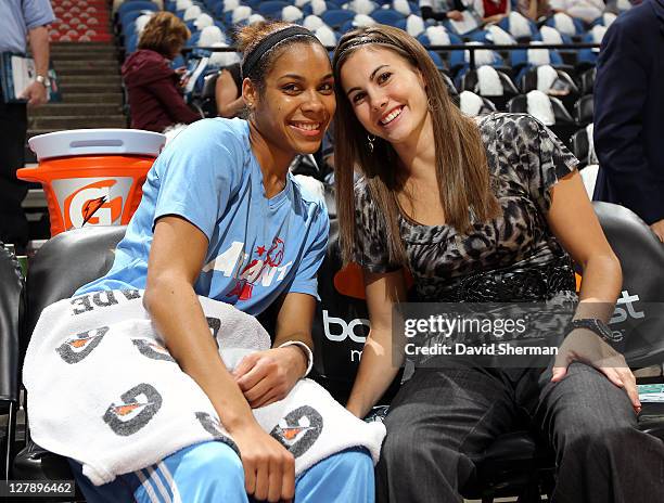 Lindsey Harding and injured player Shalee Lehning of the Atlanta Dream before the game against the Minnesota Lynx in Game One of the 2011 WNBA Finals...