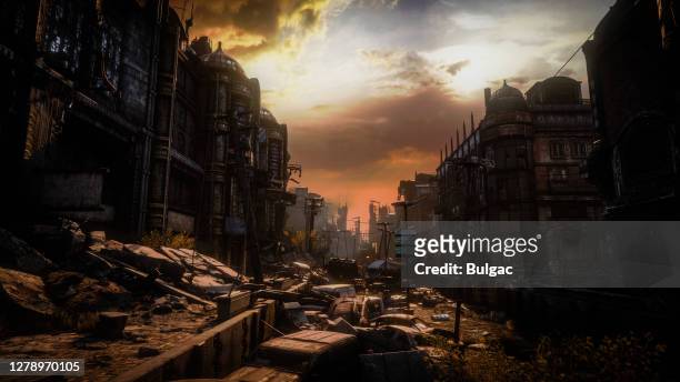 post apocalyptic urban landscape (dusk/dawn) - war stock pictures, royalty-free photos & images