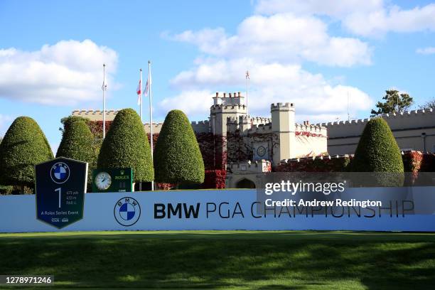 General view of the first tee during a practice round ahead of the BMW PGA Championship at Wentworth Golf Club on October 07, 2020 in Virginia Water,...