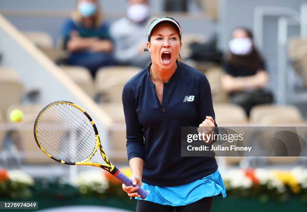 Danielle Collins of The United States of America celebrates after winning the second set during her Women's Singles quarterfinals match against Sofia...