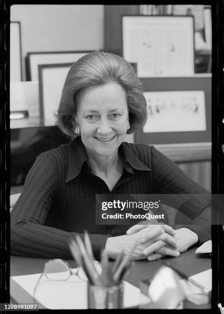 Portrait of Washington Post publisher Katherine Graham as she sits at her desk, Washington DC, April 4, 1976.