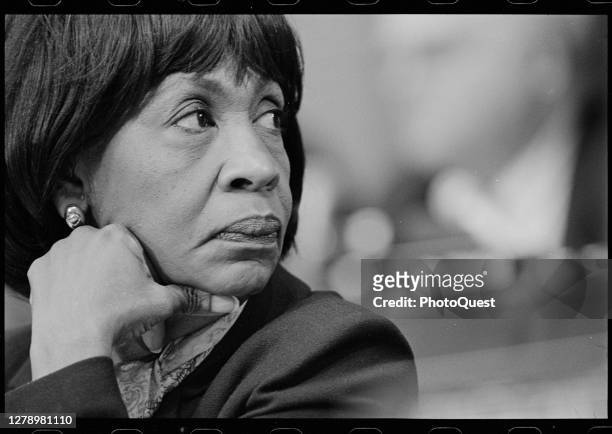 Close-up of American politician US Representative Maxine Waters during a Judiciary Committee hearing , Washington DC, December 1998.