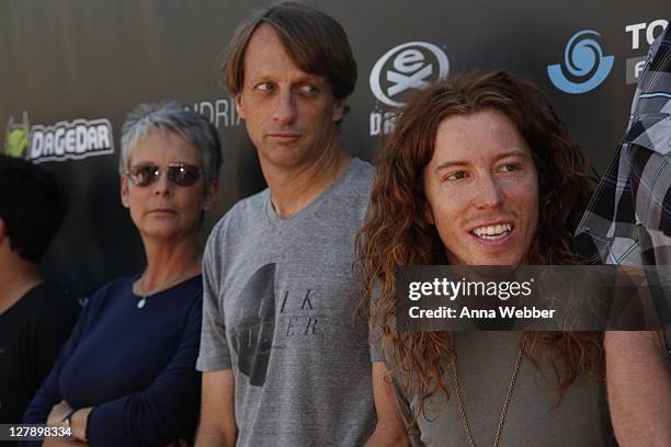 Jamie Lee Curtis, Tony Hawk and Shaun White during Tony Hawk's 8th Annual Stand Up For Skateparks Benefit at Ron Burkle?s Green Acres Estate on...