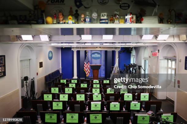 The James Brady Press Briefing Room sits empty a day after White House Press Secretary Kayleigh McEnany tested positive for the coronavirus October...