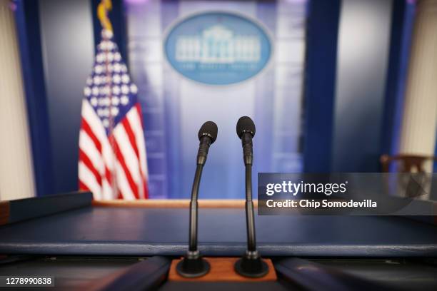 The James Brady Press Briefing Room sits empty a day after White House Press Secretary Kayleigh McEnany tested positive for the coronavirus October...