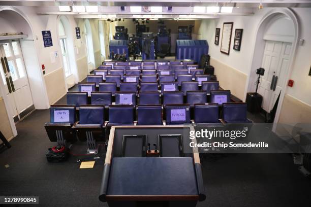 The James Brady Press Briefing Room sits empty a day after White House Press Secretary Kayleigh McEnany tested positive for the coronavirus October...