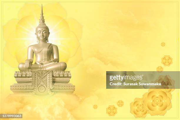 the lord buddha meditated gracefully on a lotus flower with an orange background. (about buddhism) - cultura hindú stockfoto's en -beelden