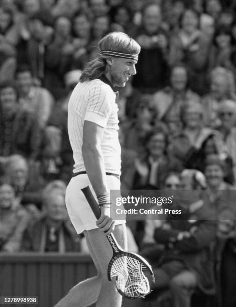 Bjorn Borg of Sweden breaks his racquet making a double backhand return against Ismail El Shafei of Egypt during their Men's Singles First Round...