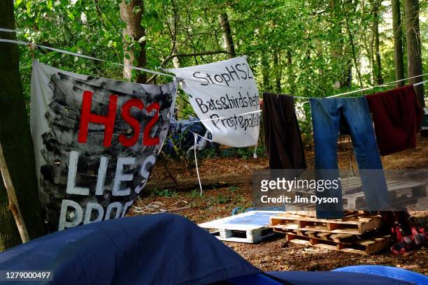 General view as HS2 protesters continue to occupy trees within the boundary of HS2 owned land in Jones Hill Wood, on October 07, 2020 in Great...