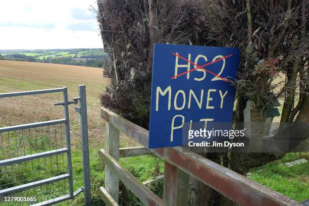 Local homeowners display anti-HS2 signs as protesters continue to occupy trees within the boundary of HS2 owned land in Jones Hill Wood, on October...